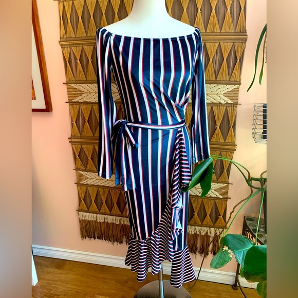BNWT L’Atiste Blue, Red & White Striped Faux Wrap Dress - Picture 1 of 11
